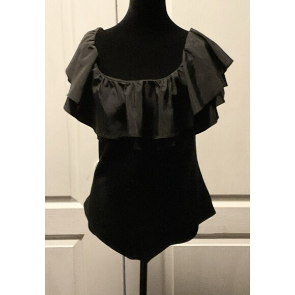 Express Women’s Off The Shoulder Tiered Ruffle Overlay Thong Bodysuit Size L - Picture 2 of 4